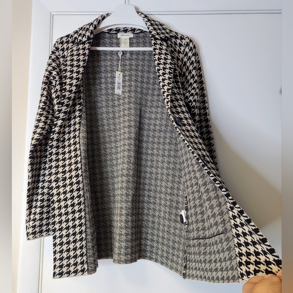 Max Studio Vintage Knit Black Houndstooth Unconstructed Blazer In Cream Black S. - Picture 7 of 16